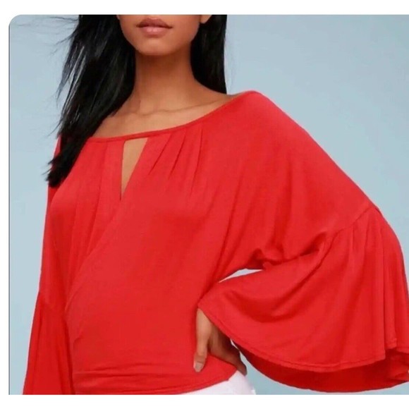 Free People Tops - Free People Last Time Red Surplice Bell Sleeve Crop Top Size Large New With Tags